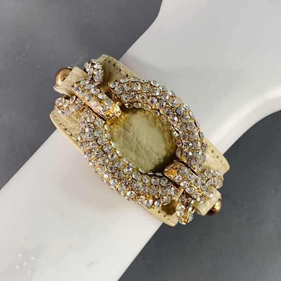 VINTAGE Cream Gold Leather Rhinestones Snaps Cuff Bracelet - Picture 1 of 3